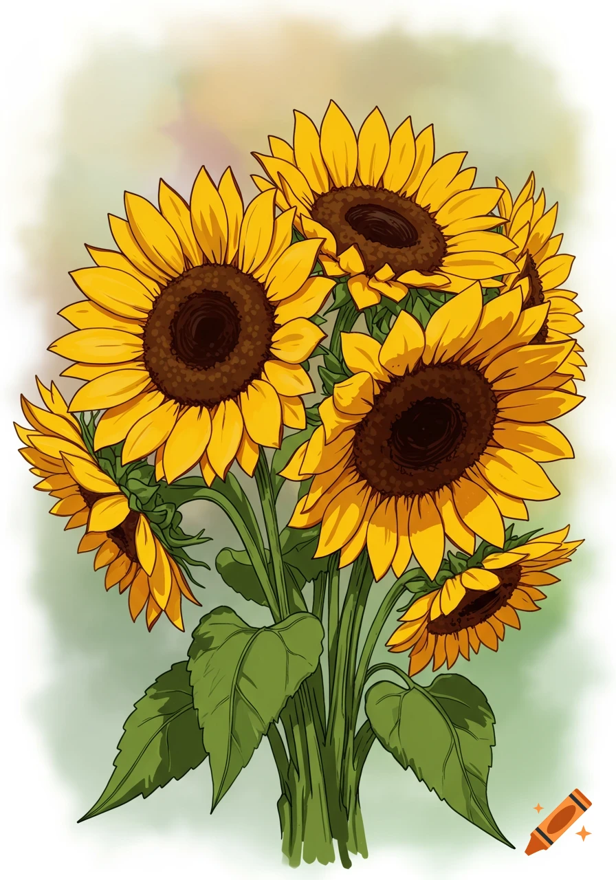 Vibrant bouquet of sunflowers with green leaves in a 90s drawing style.