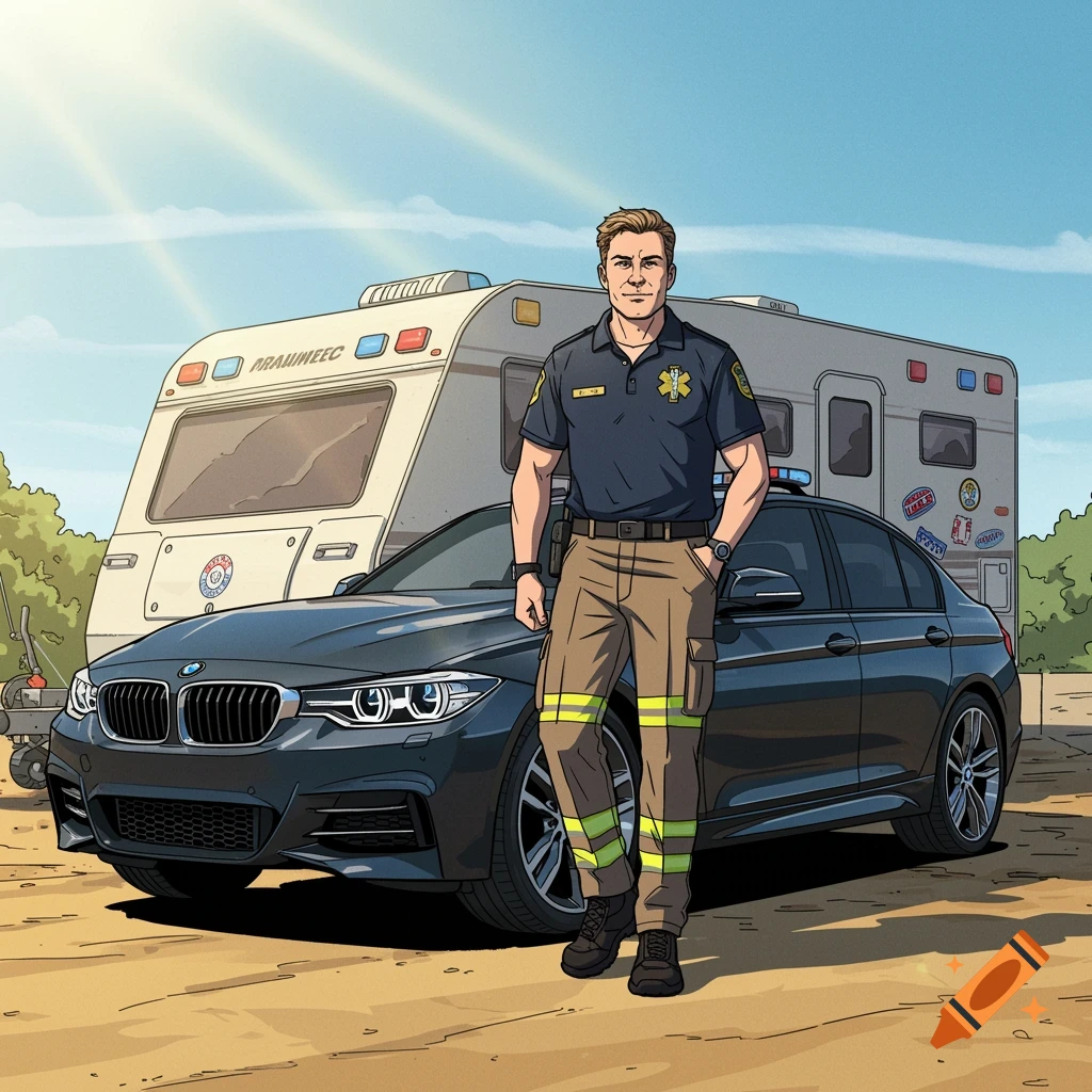 A comic-style illustration of a male paramedic in uniform standing in front of a dark BMW sedan and a large caravan under a sunny sky.