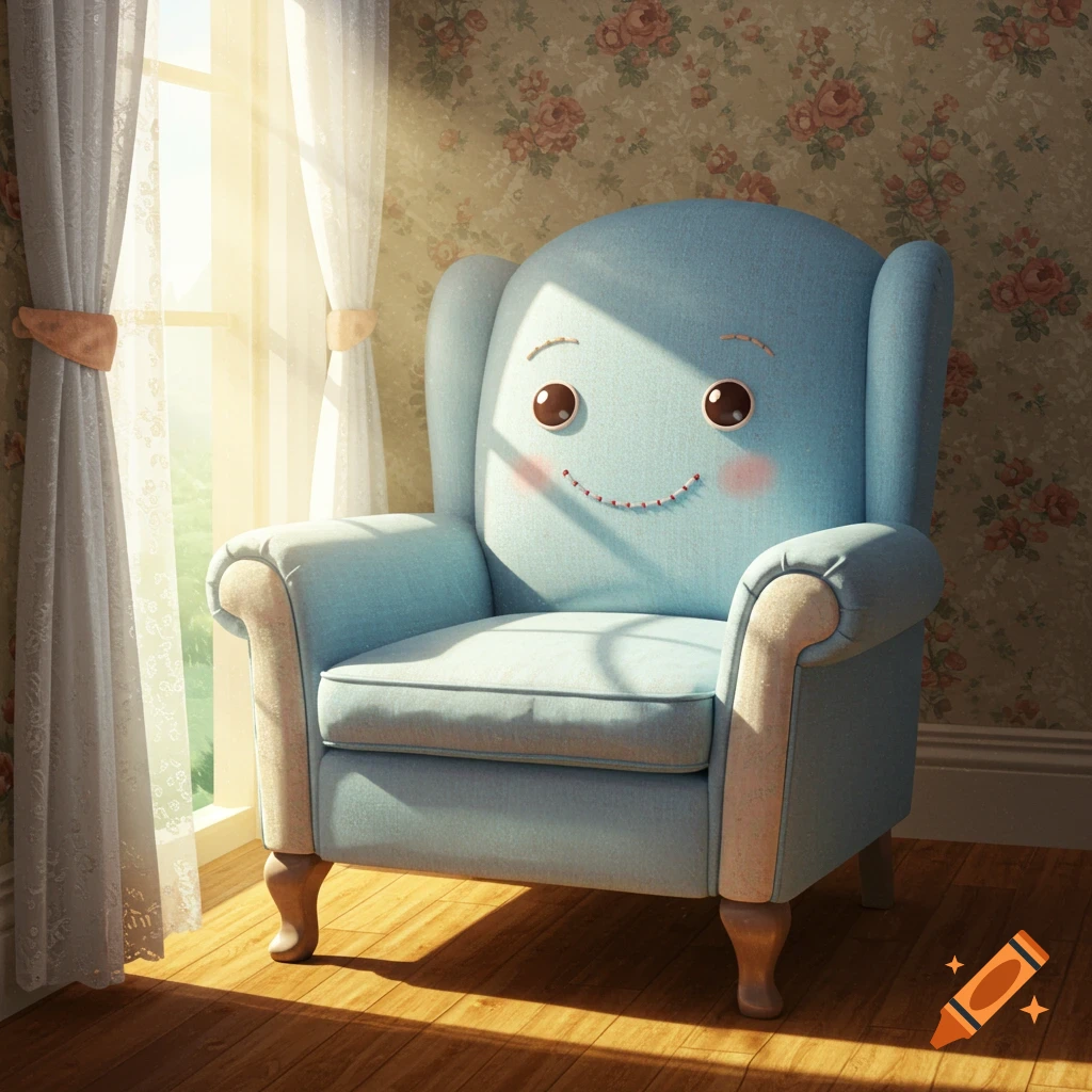 A light blue armchair with a cute, happy face sits in a sunlit room with floral wallpaper and white curtains.