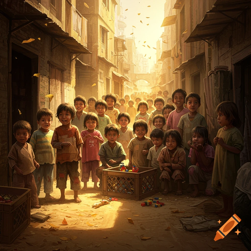 A large group of smiling children stand in a sunlit, narrow street with old buildings, leaves, and toys.