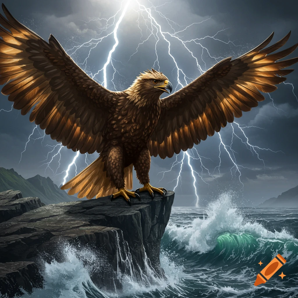 A powerful eagle stands with wings spread on a rocky cliff overlooking a stormy ocean, with lightning striking in the dark sky.