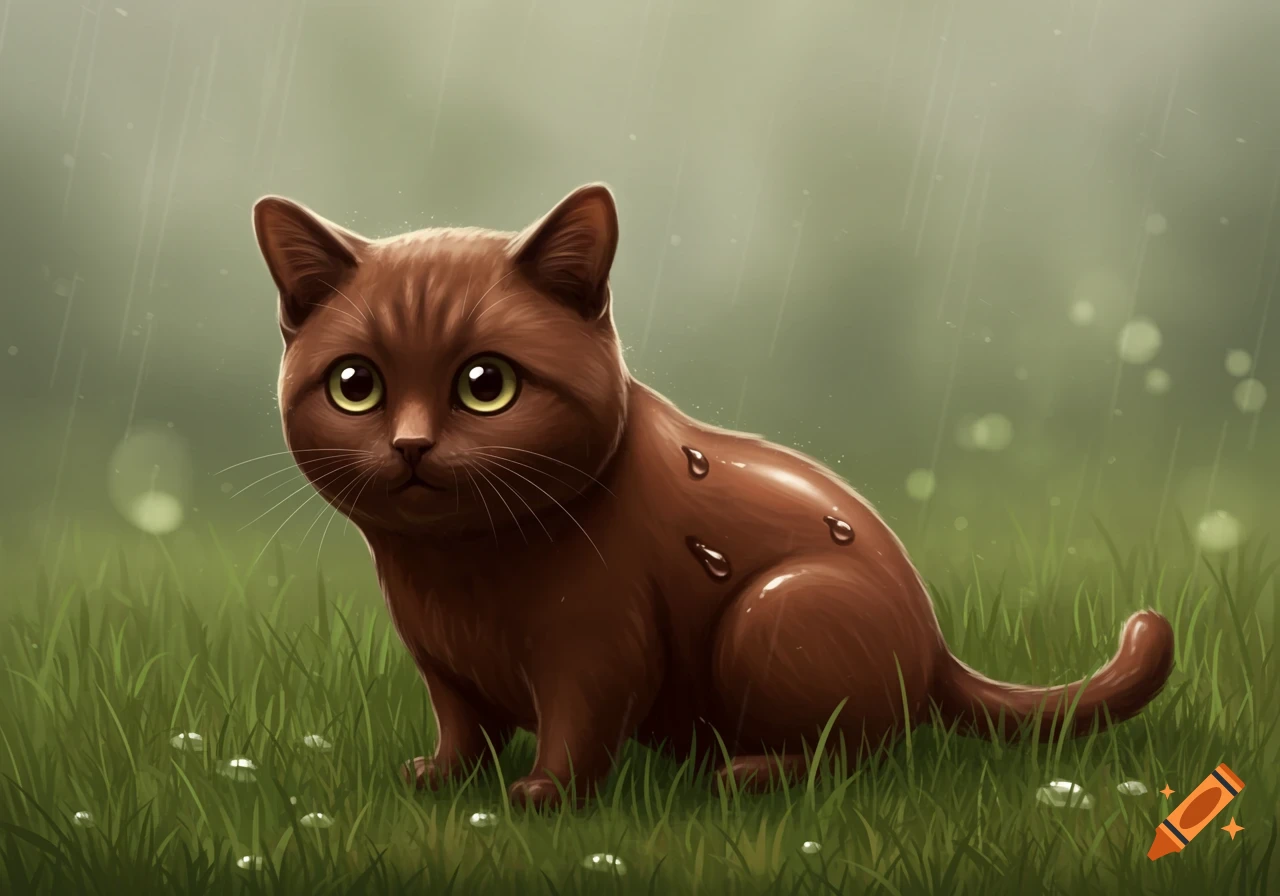 Cute dark brown stylized cat with large eyes sitting in green grass with raindrops on its fur in the rain.