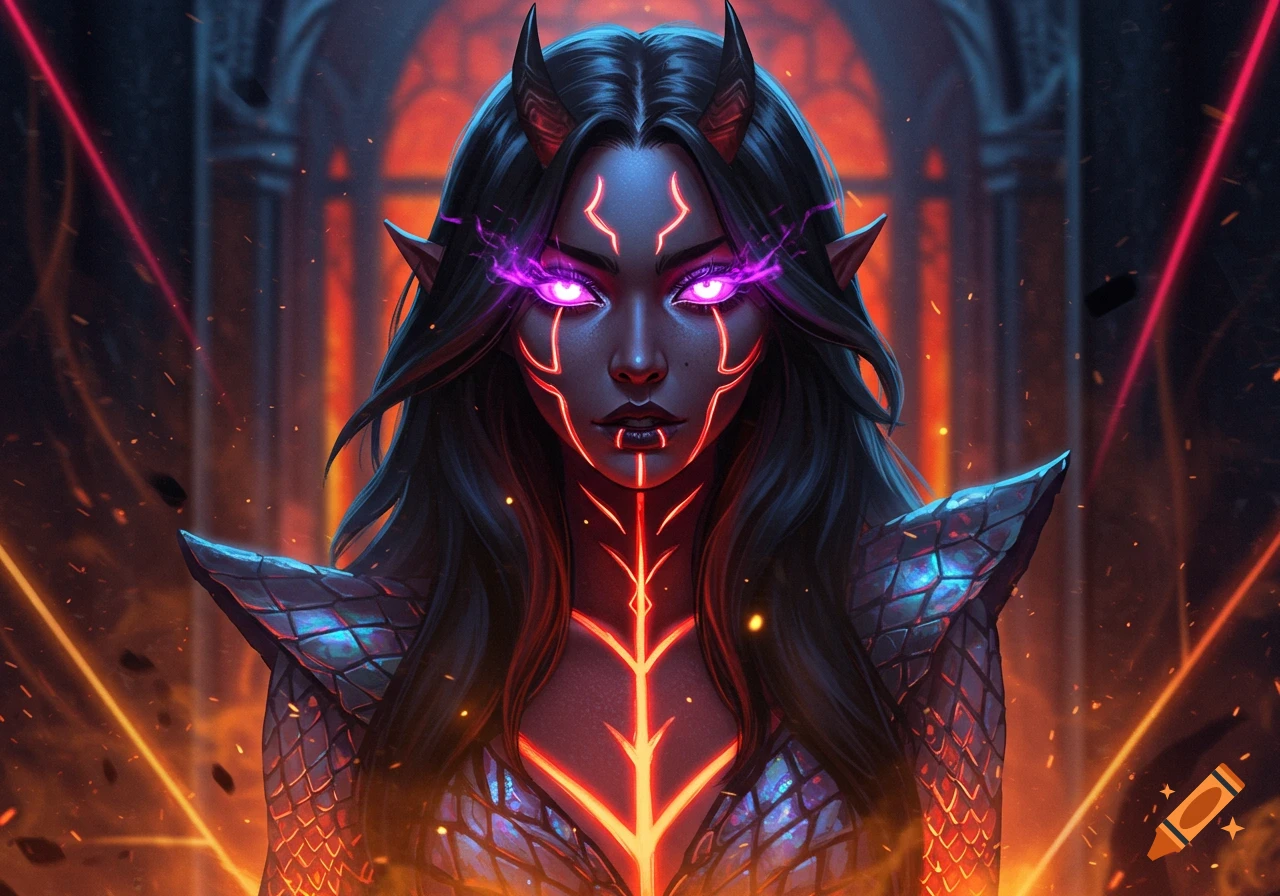 A dark fantasy portrait of a demon with glowing purple eyes and red glowing lines on her face and body, against a dark, fiery background.