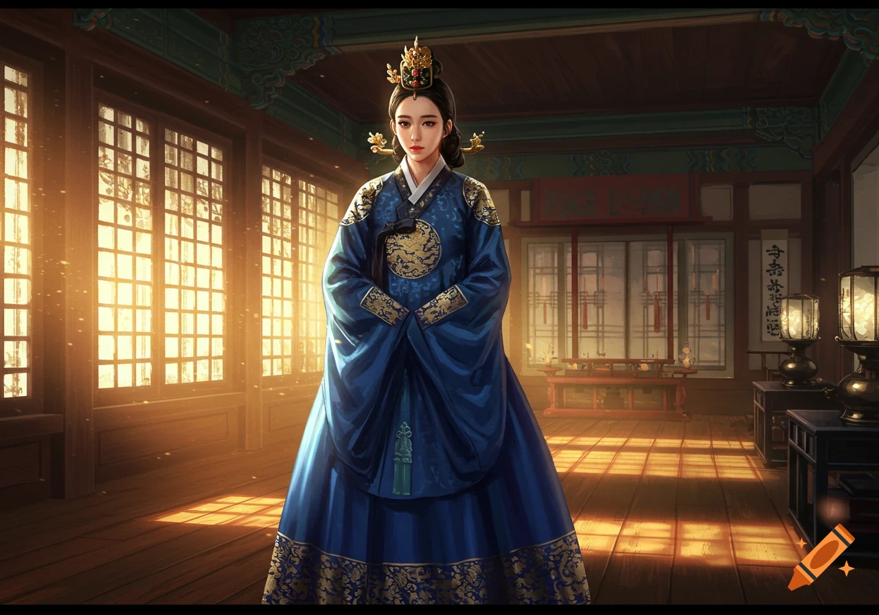 A noblewoman in traditional Korean royal attire, a blue hanbok with gold patterns, stands elegantly in a sunlit wooden room.