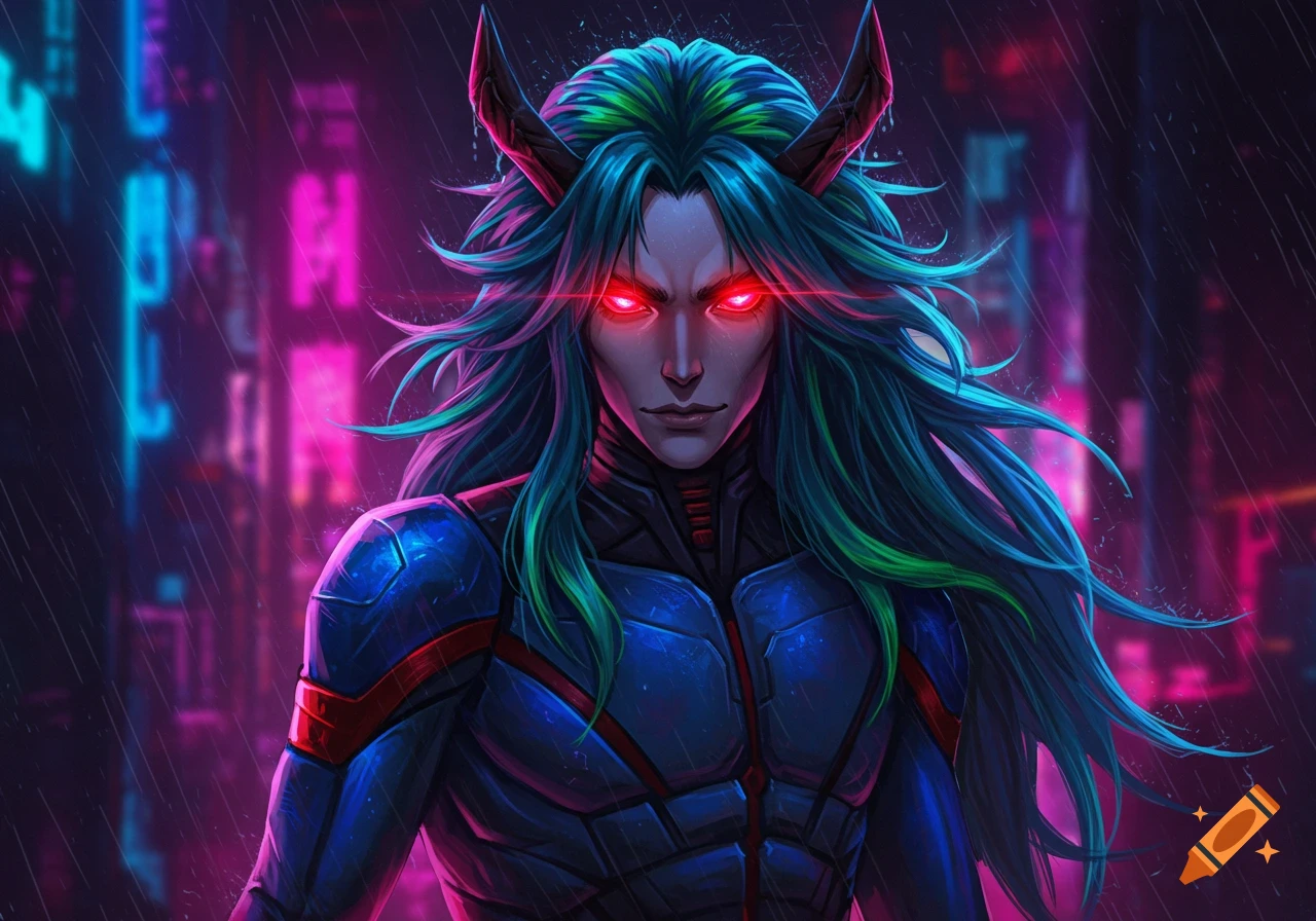 High detailed anime art of a horned character with long blue-green hair, glowing red eyes, and a blue-red spacesuit, standing in a rainy cyberpunk city.