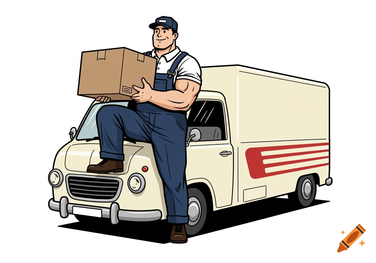 A muscular cartoon delivery man in overalls and a cap stands with one foot on a vintage cream delivery van, holding a cardboard box.
