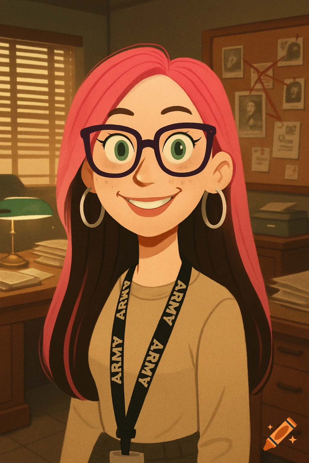 Cartoon of a smiling woman with pink hair, glasses, and an ARMY lanyard in a detective's office.