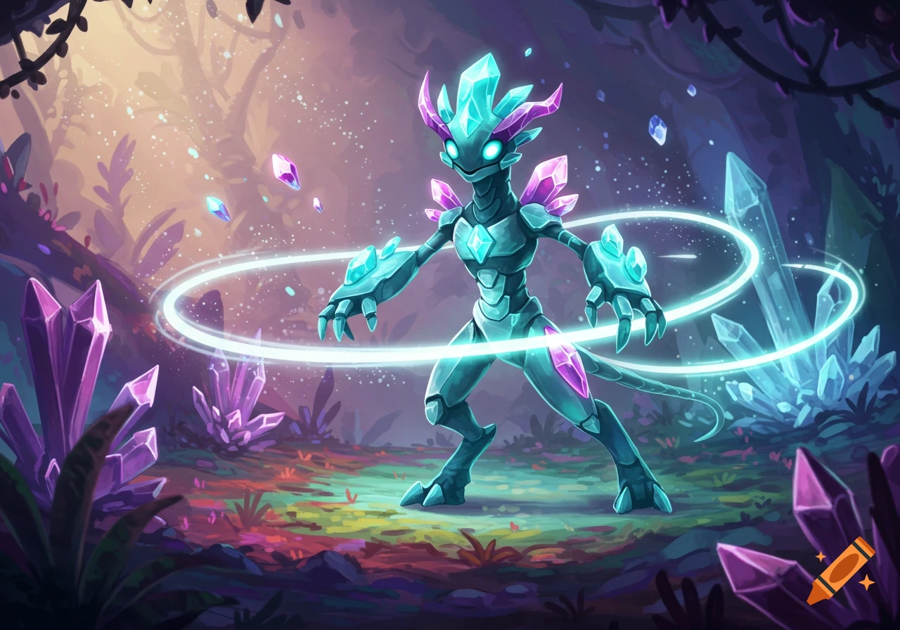 A stylized monster made of teal and purple crystals stands in a vibrant, mystical forest with glowing rings around it.
