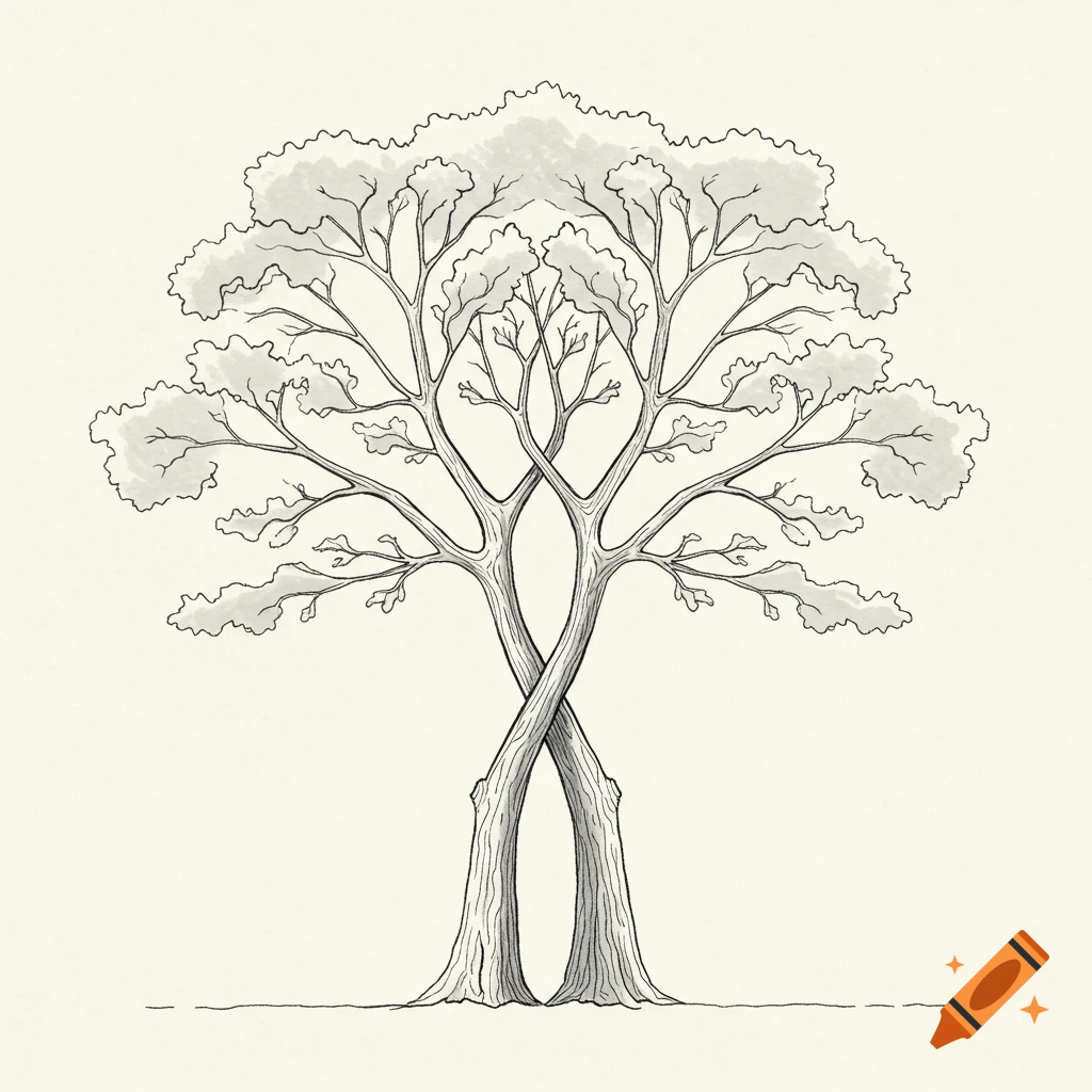 Simple line drawing of two intertwined trees with leafy crowns.