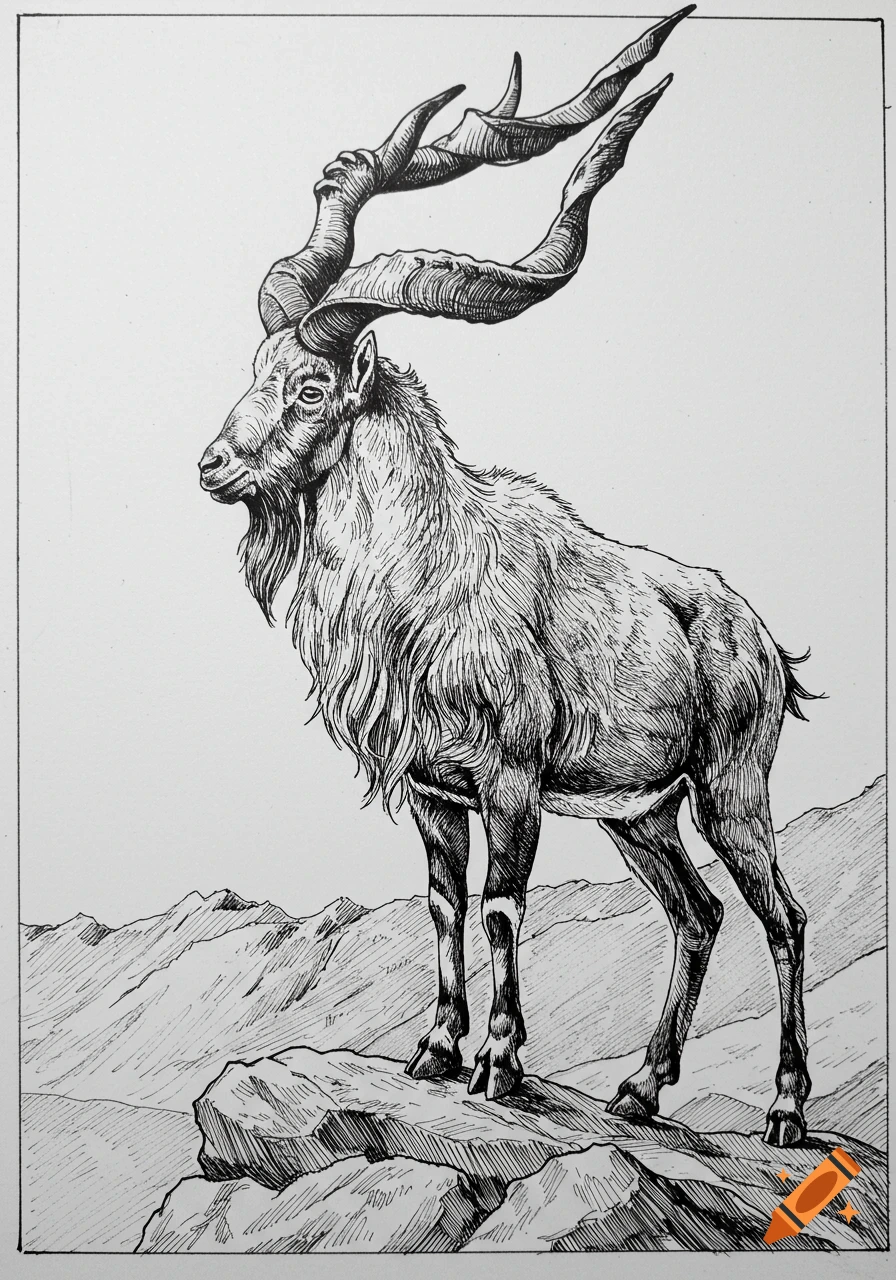A black and white sketch of a markhor goat with large spiraling horns standing on rocks in a mountainous setting.