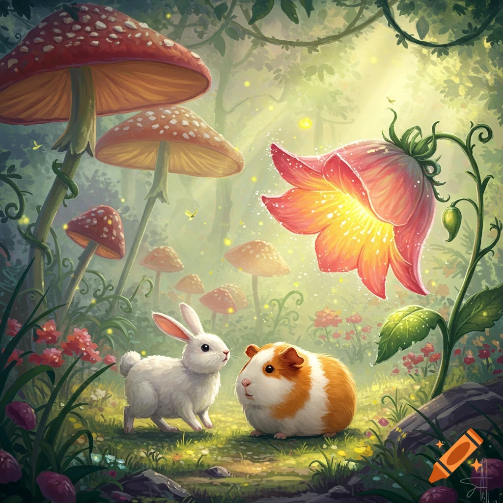 A white rabbit and a brown guinea pig in an enchanted forest with giant mushrooms and a glowing flower, illustrated style.