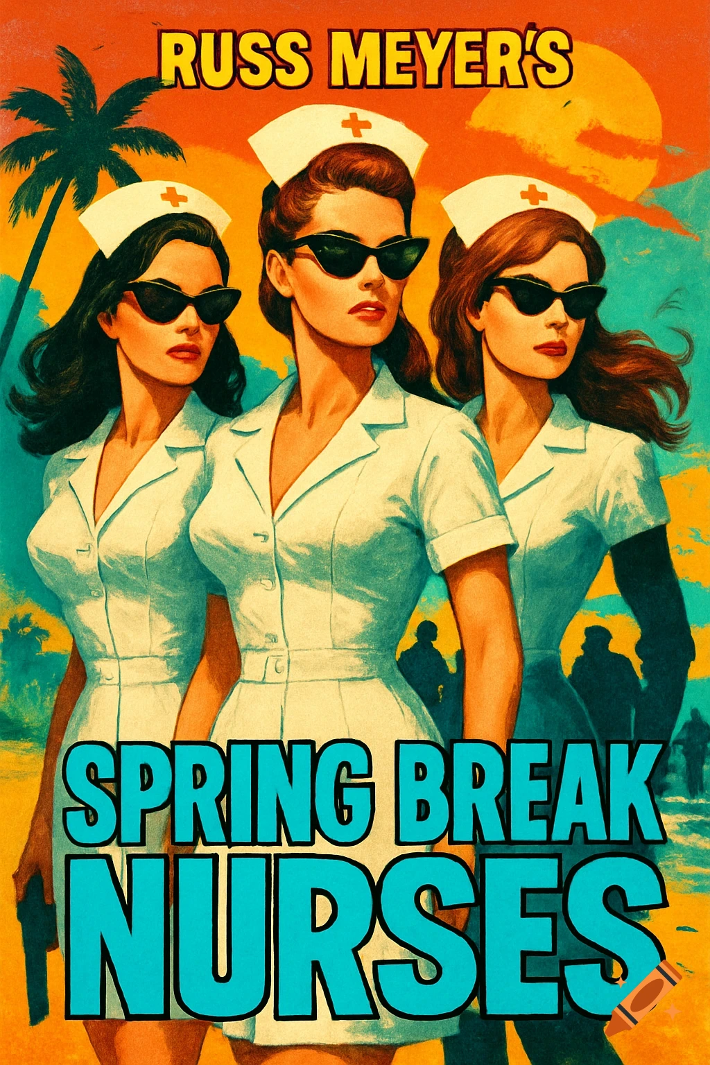 Vintage movie poster for 'Russ Meyer's Spring Break Nurses' featuring three women in nurse uniforms and sunglasses on a tropical beach.