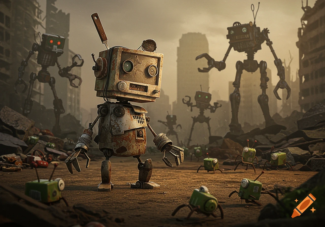 A patched-together robot stands in a ruined city with larger junk robots and tiny scavenger robots in the background, in a gritty, post-apocalyptic style.
