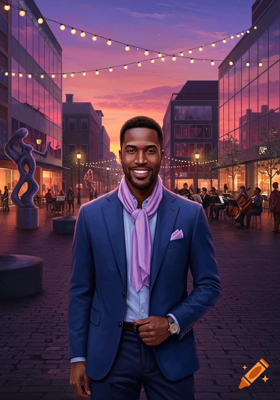 A smiling man in a blue suit and purple scarf stands on a paved city street at sunset, with string lights overhead and people in the background.
