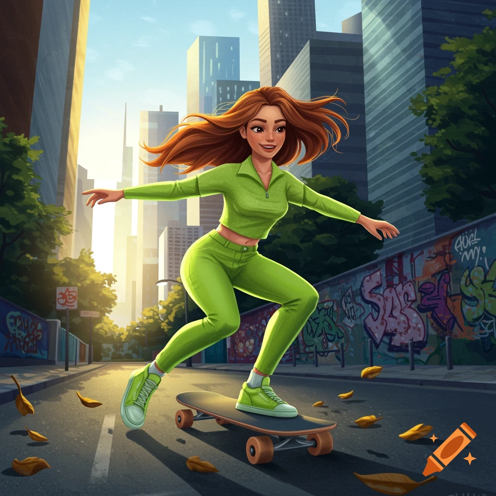 An illustrated young woman with long red hair wearing a green outfit is skateboarding down a city street with skyscrapers and graffiti walls.