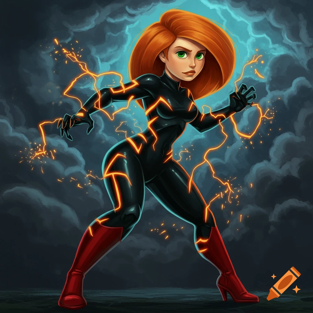 Kim Possible in a black suit with orange lightning, red boots, against a stormy sky.