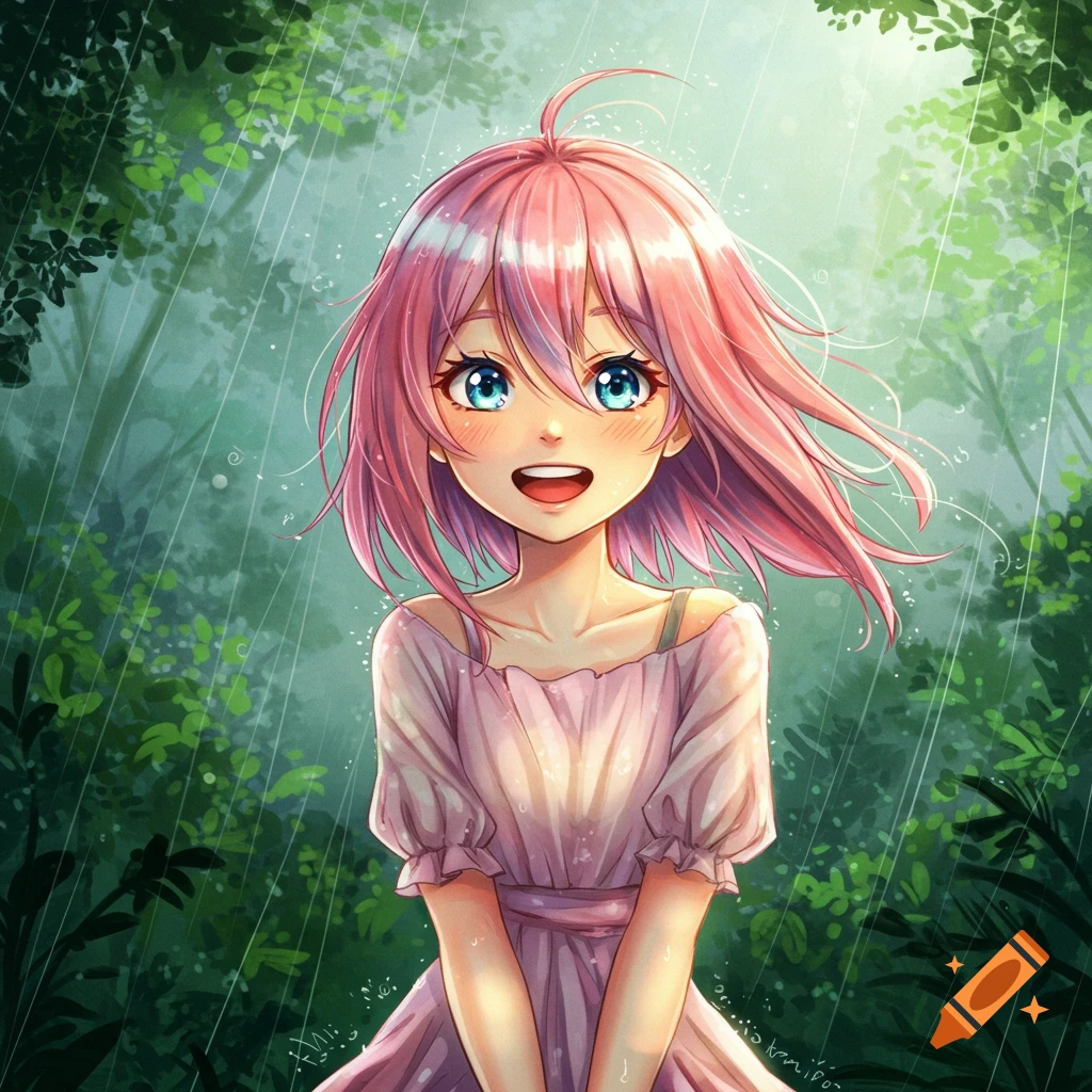 An anime girl with pink hair and blue eyes smiles while standing in a drizzling forest.