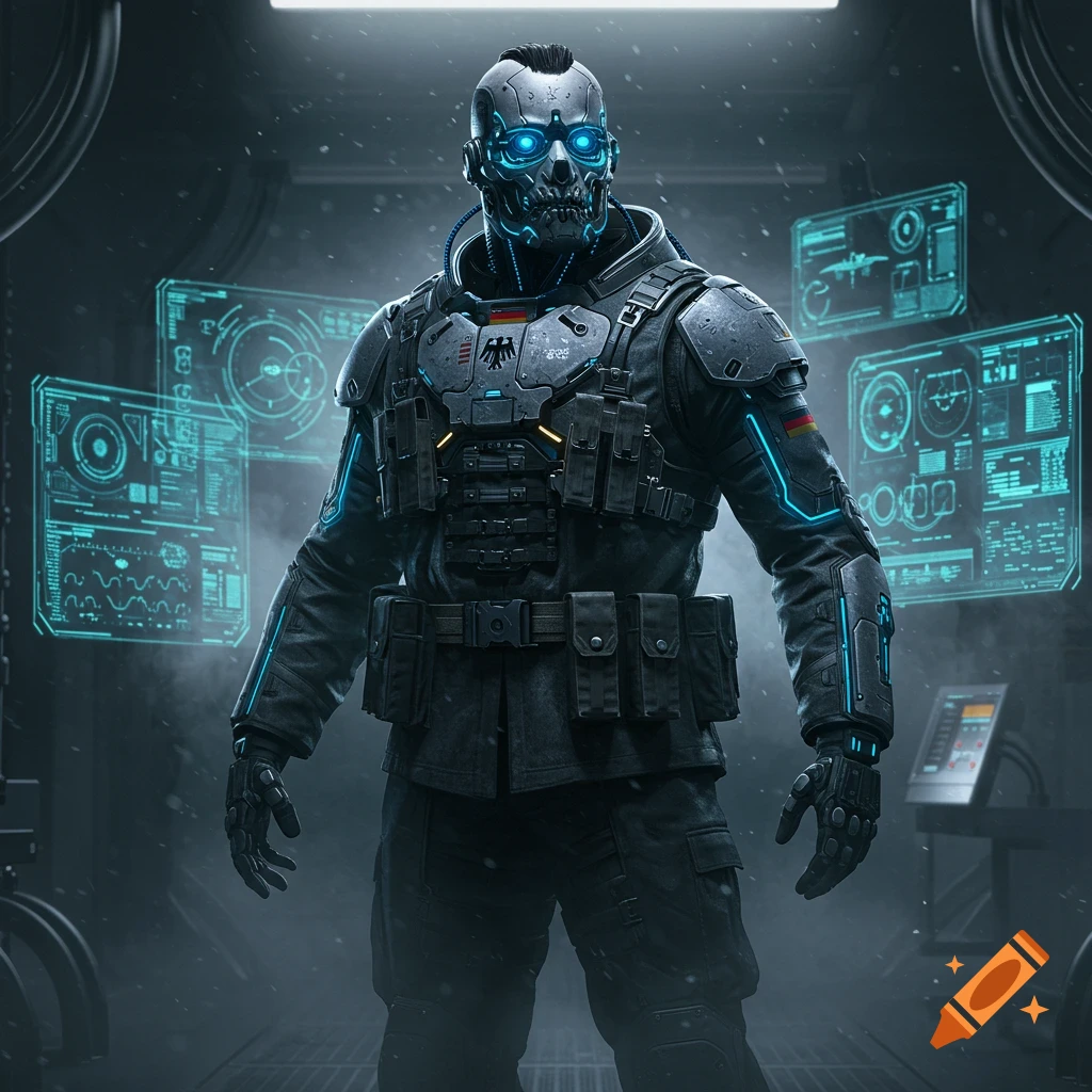 A cybernetic German soldier with glowing blue eyes and circuitry, wearing futuristic armor and tactical gear, stands in a dark, snowy sci-fi environment with holographic screens.
