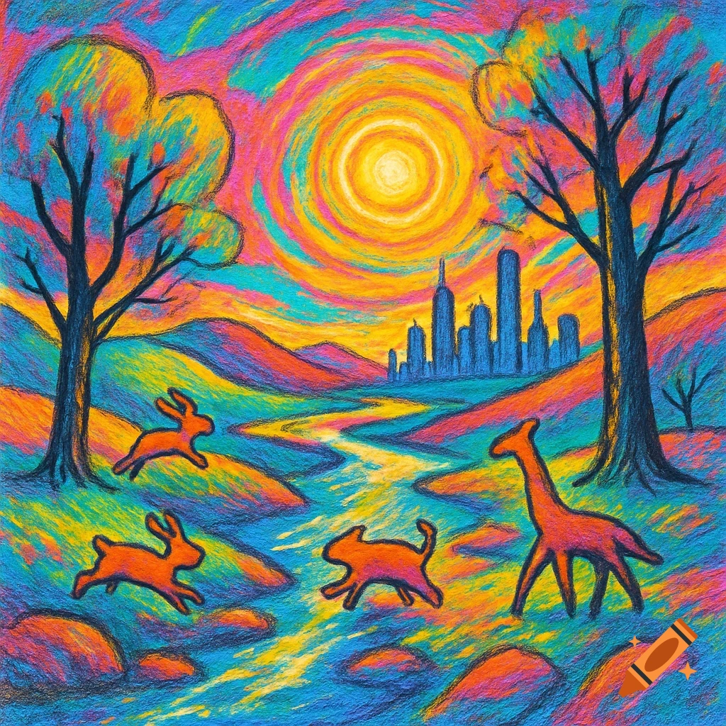 A vibrant, crayon-style landscape with a colorful sky, sun, river, trees, and silhouette of a city, with orange stylized animals running in the foreground.