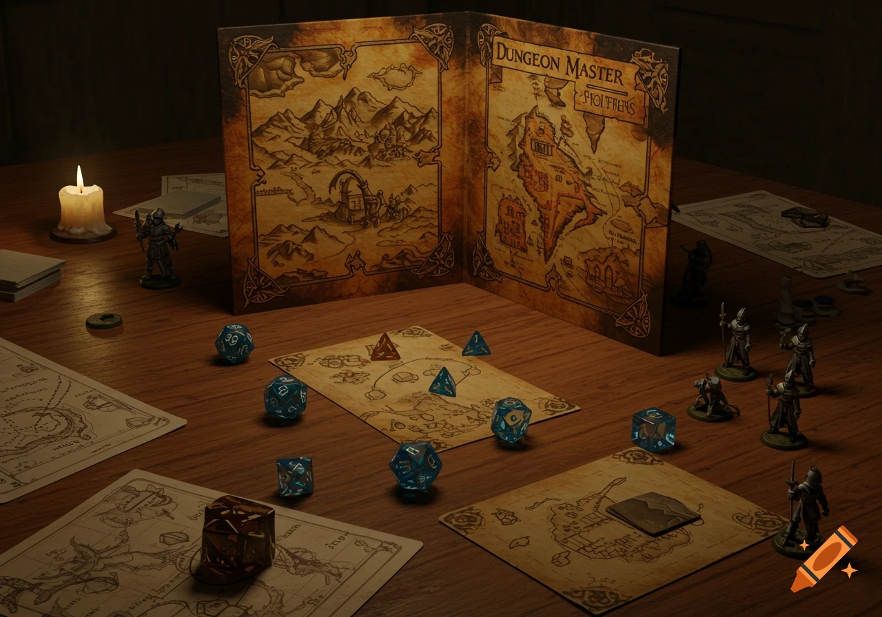 A wooden table set up for a tabletop role-playing game, featuring a DM screen, various dice, miniature figures, and parchment maps, illuminated by a glowing candle.