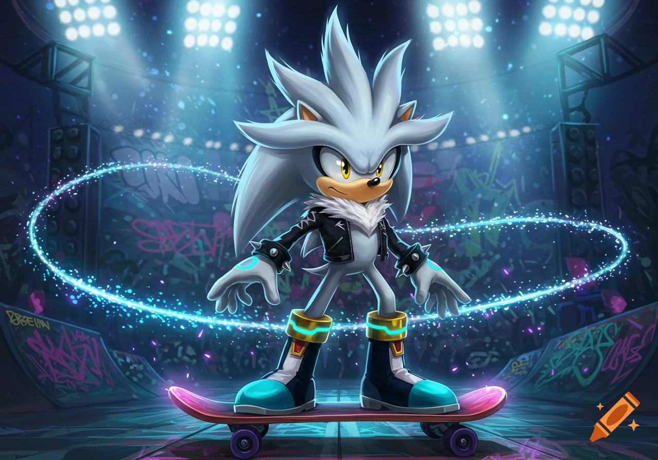 Silver the Hedgehog, a white hedgehog with gold eyes and a spiky hairdo, wears a black leather jacket and stands on a pink skateboard in a neon-lit skate park. Blue sparkling energy trails around him.