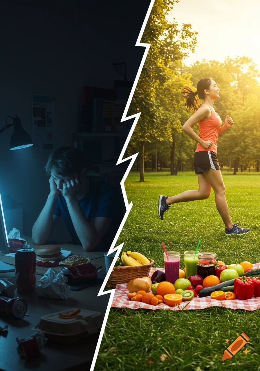 Split image showing a sad man surrounded by junk food in a dark room and a happy woman jogging in a bright park with healthy food.