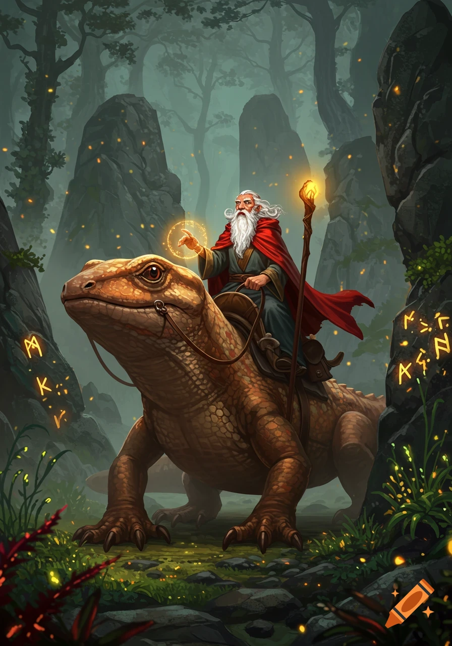 A white-bearded wizard in a red cloak rides a giant brown salamander through a misty, magical forest.