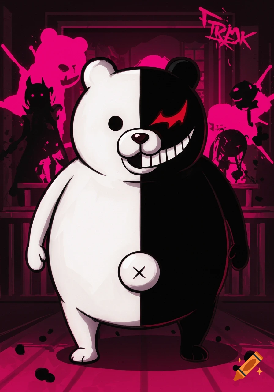 Monokuma, a cartoon bear split half-white and half-black with a sinister smile, stands against a dark pink, splattered background in anime style.