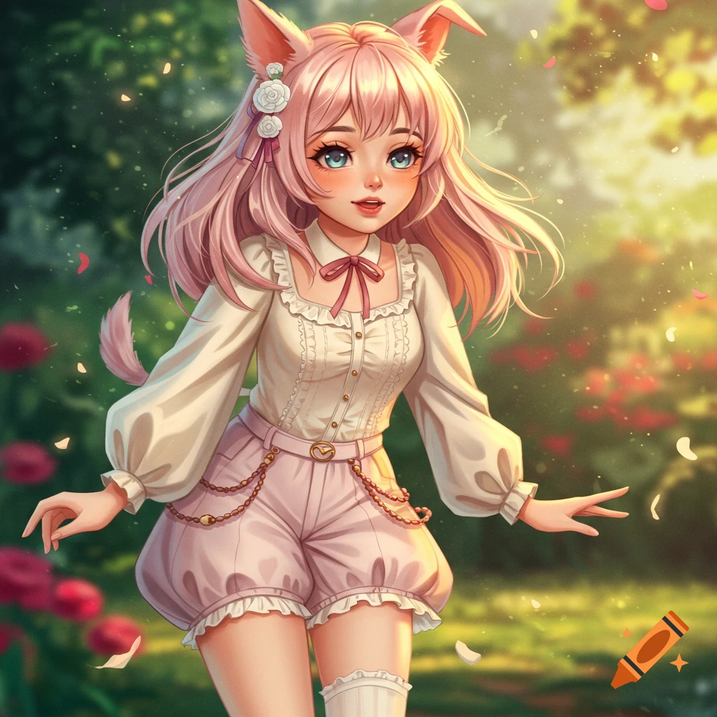 A cute anime girl with pink hair, animal ears, and tail, wearing a white blouse and pink shorts, stands in a sunny garden with flowers.