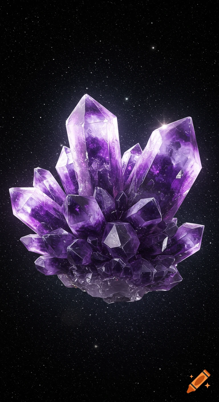 A large cluster of vibrant purple amethyst crystals floats against a dark starry background.