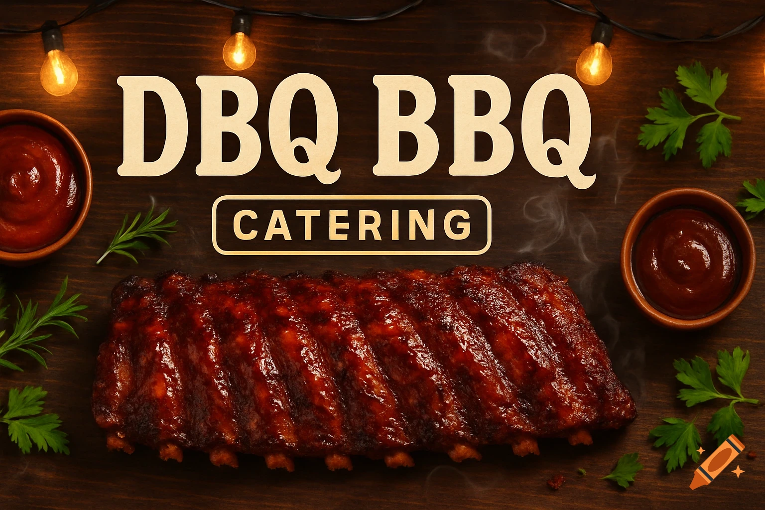 Close-up overhead shot of glazed BBQ ribs on a wooden table, flanked by bowls of sauce, fresh herbs, and string lights, with "DBQ BBQ CATERING" text at the top.