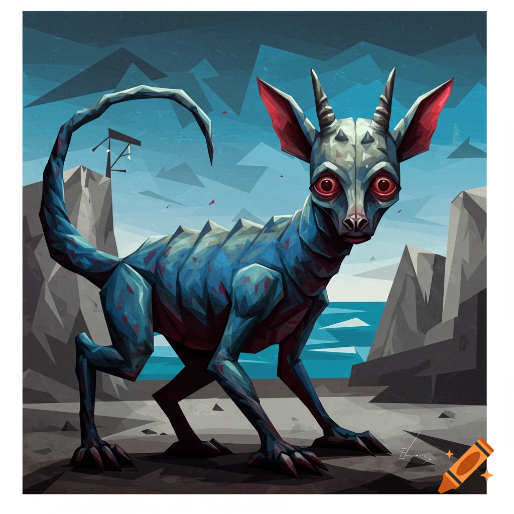A blue, angular creature resembling a chupacabra with large red eyes and horns, standing in a stylized, geometric landscape, in a cubist art style.