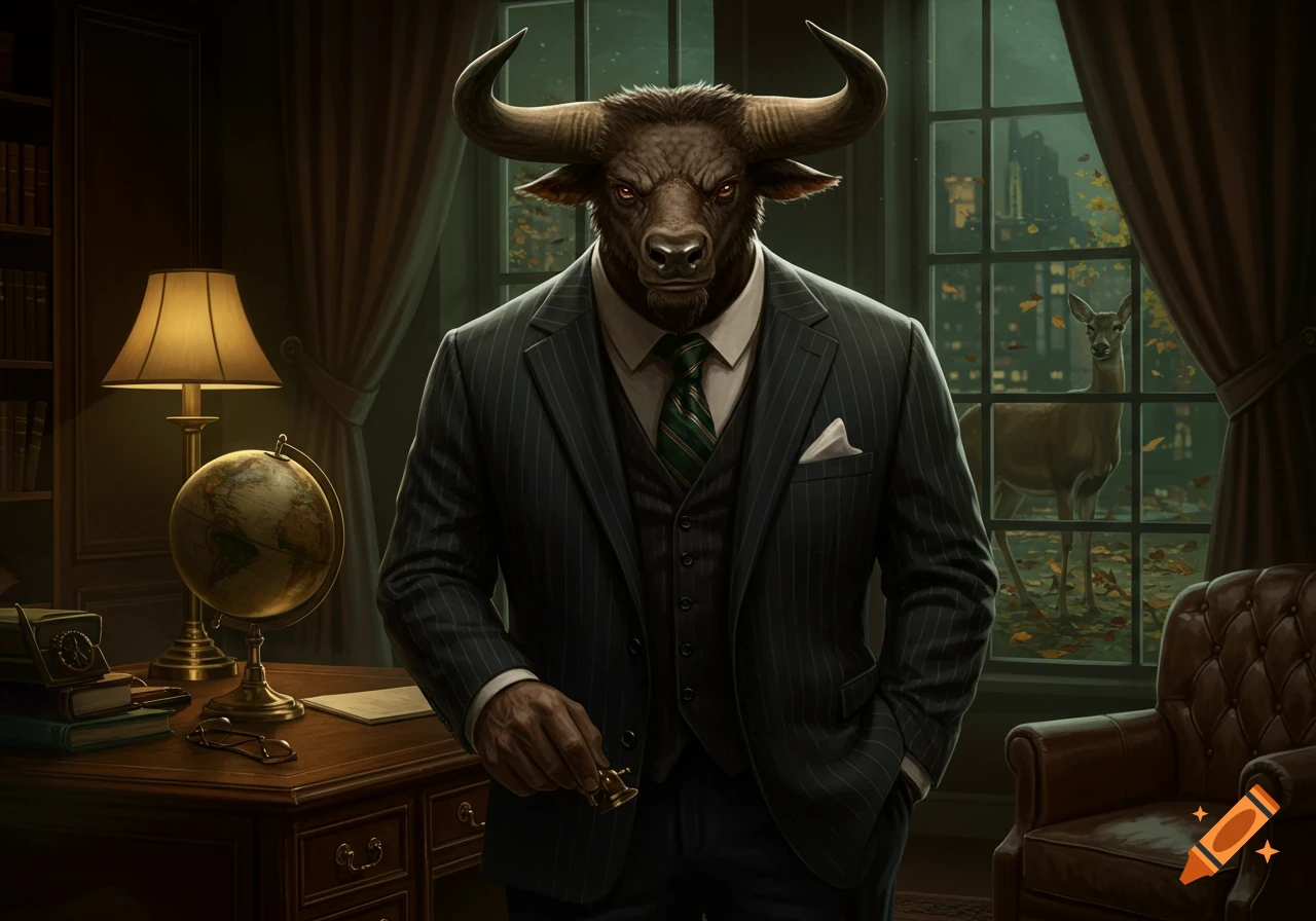 Photorealistic portrait of a bull-headed man in a pinstripe suit in a study, a deer visible through the window.