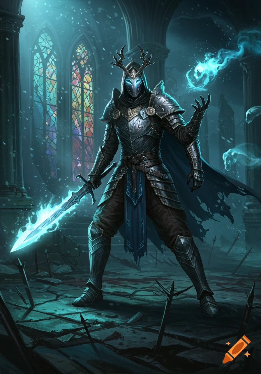 A masked spellsword in dark, glowing armor holds a magical sword and casts a spell, standing amidst ruins under stained glass windows.