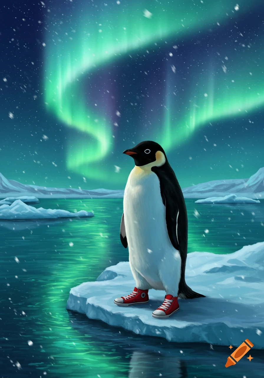 A whimsical illustration of a penguin wearing red sneakers, standing on an ice floe under a starry night sky with a vibrant green aurora borealis.