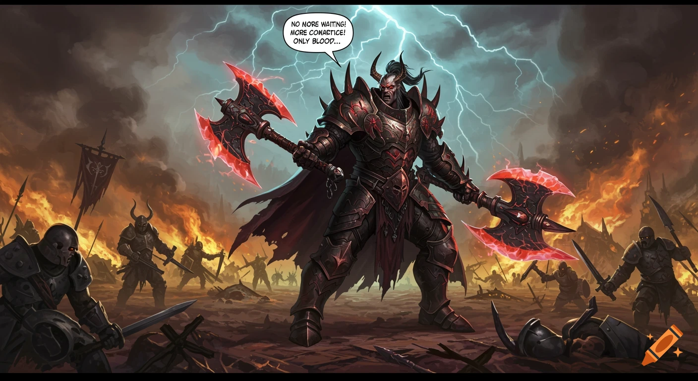 A heavily armored, horned warrior with glowing red eyes wielding two large axes stands amid a fiery battleground under a stormy sky with lightning. Other armored figures are visible in the background, with a speech bubble above the main warrior.