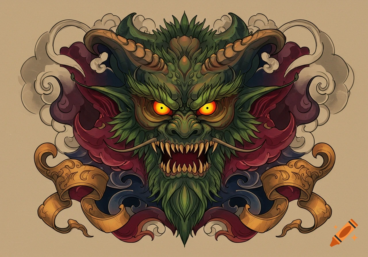 A vibrant green neo-traditional tattoo design of a dragon head with glowing orange eyes, surrounded by intricate red, blue, and gold scrollwork.