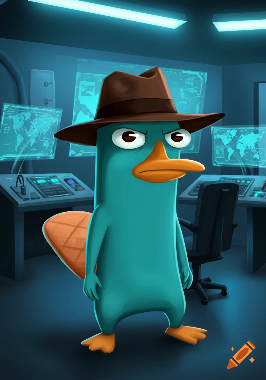 Perry the Platypus, a teal platypus in a brown fedora, stands in a neon blue lit control room with computer screens.