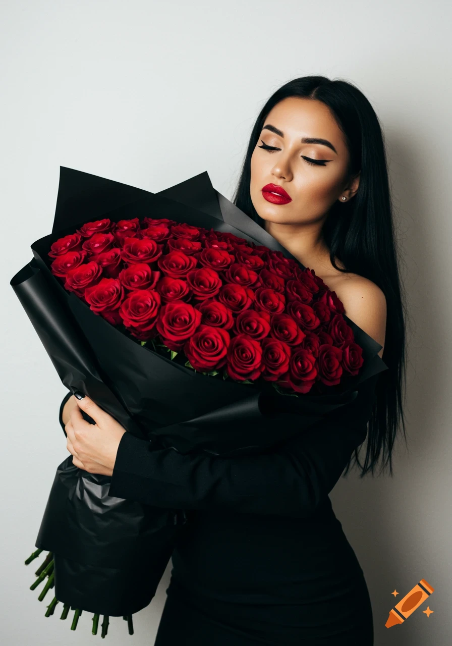A woman with red lipstick and closed eyes holding a large bouquet of red roses wrapped in black paper, in a photorealistic portrait.