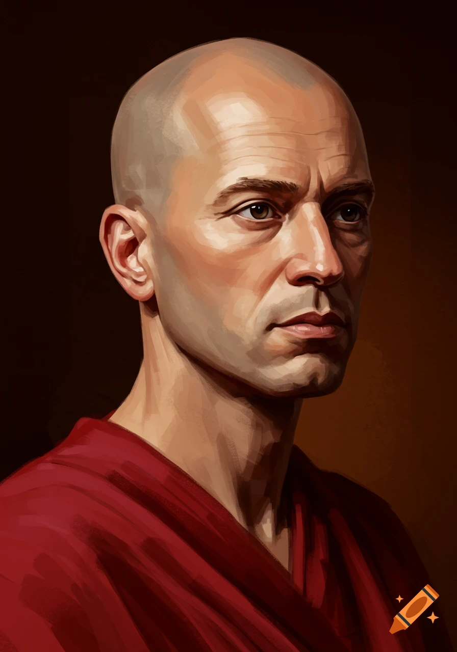 A stylized painterly portrait of a bald man in a red robe, seen from the shoulders up at a 3/4 angle.