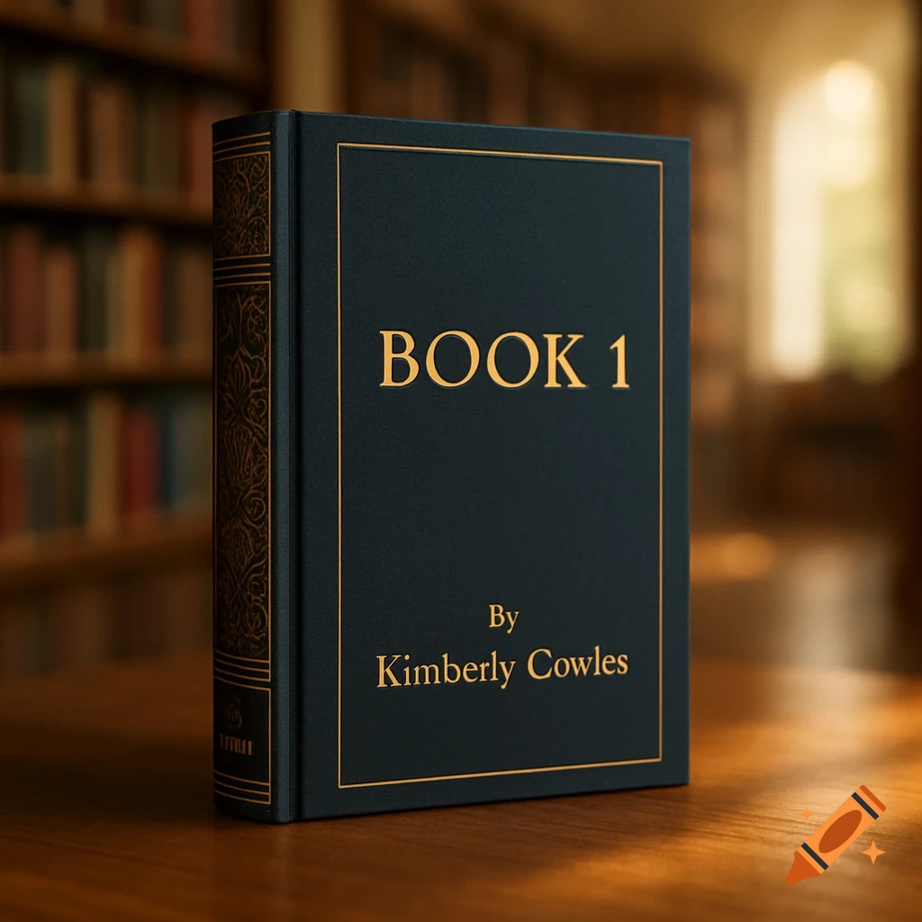 A dark book with gold lettering 'BOOK 1' and 'By Kimberly Cowles' sits on a wooden table in a library, photorealistic.