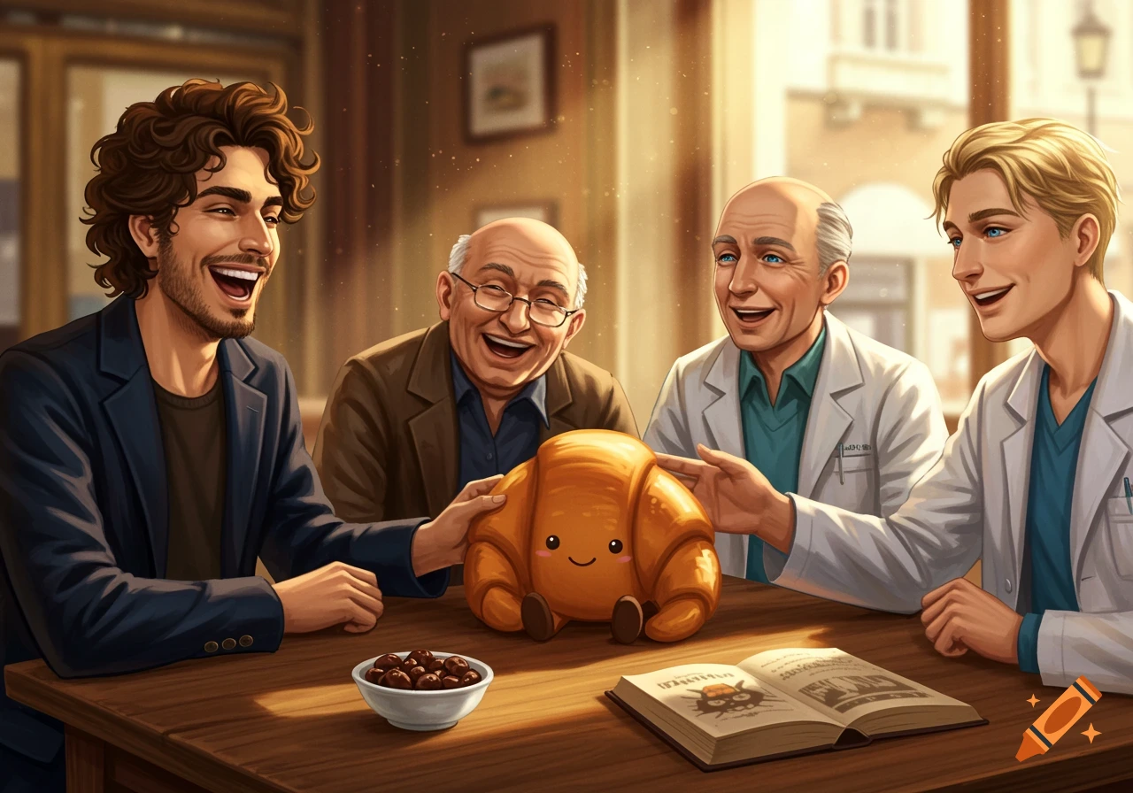 Four joyful men, two older and two younger, laugh around a wooden table with a smiling plush croissant toy, a bowl of chocolates, and an open book. The setting is a cozy café.