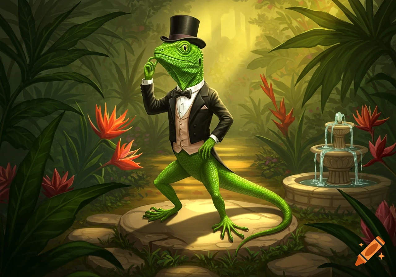A green lizard in a black tuxedo and top hat poses thoughtfully in a lush jungle garden with a stone fountain.