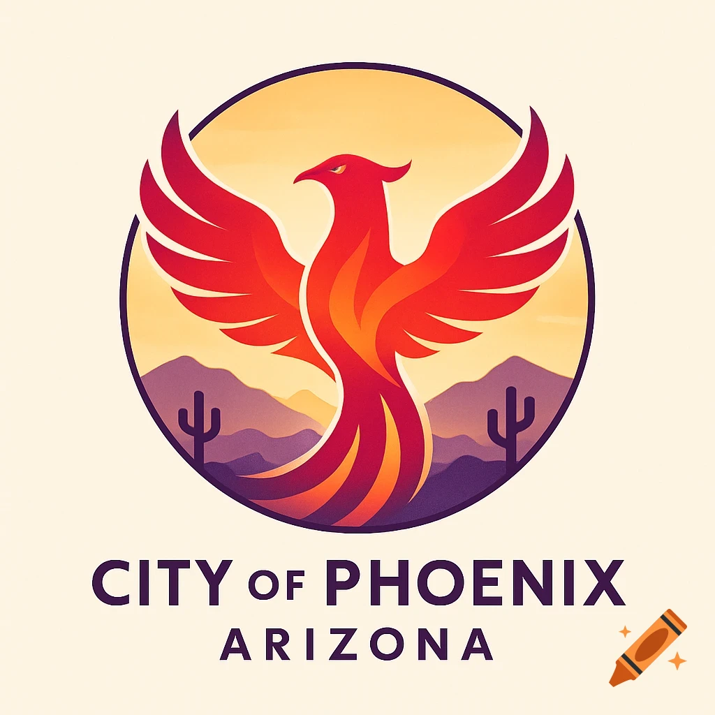 A vibrant red and orange phoenix logo against a desert sunset, with mountains and cacti. Text reads CITY Of PHOENIX ARIZONA.