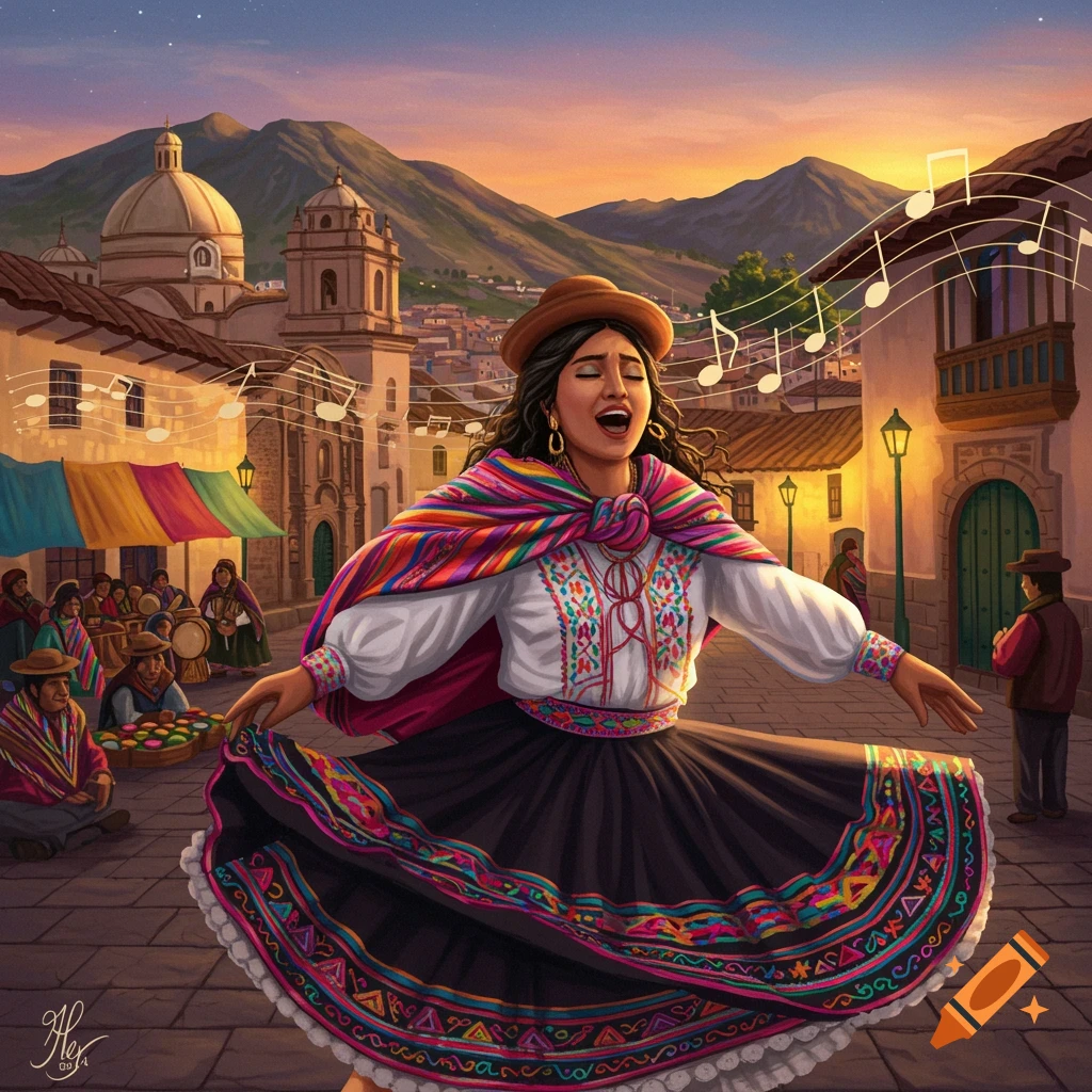 A woman in traditional Peruvian attire sings and dances on a cobblestone street at sunset, with mountains and old buildings in the background. Musical notes float in the air.