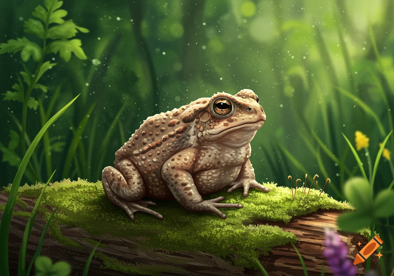 A detailed illustration of a toad sitting on a moss-covered log in a sun-dappled green forest.