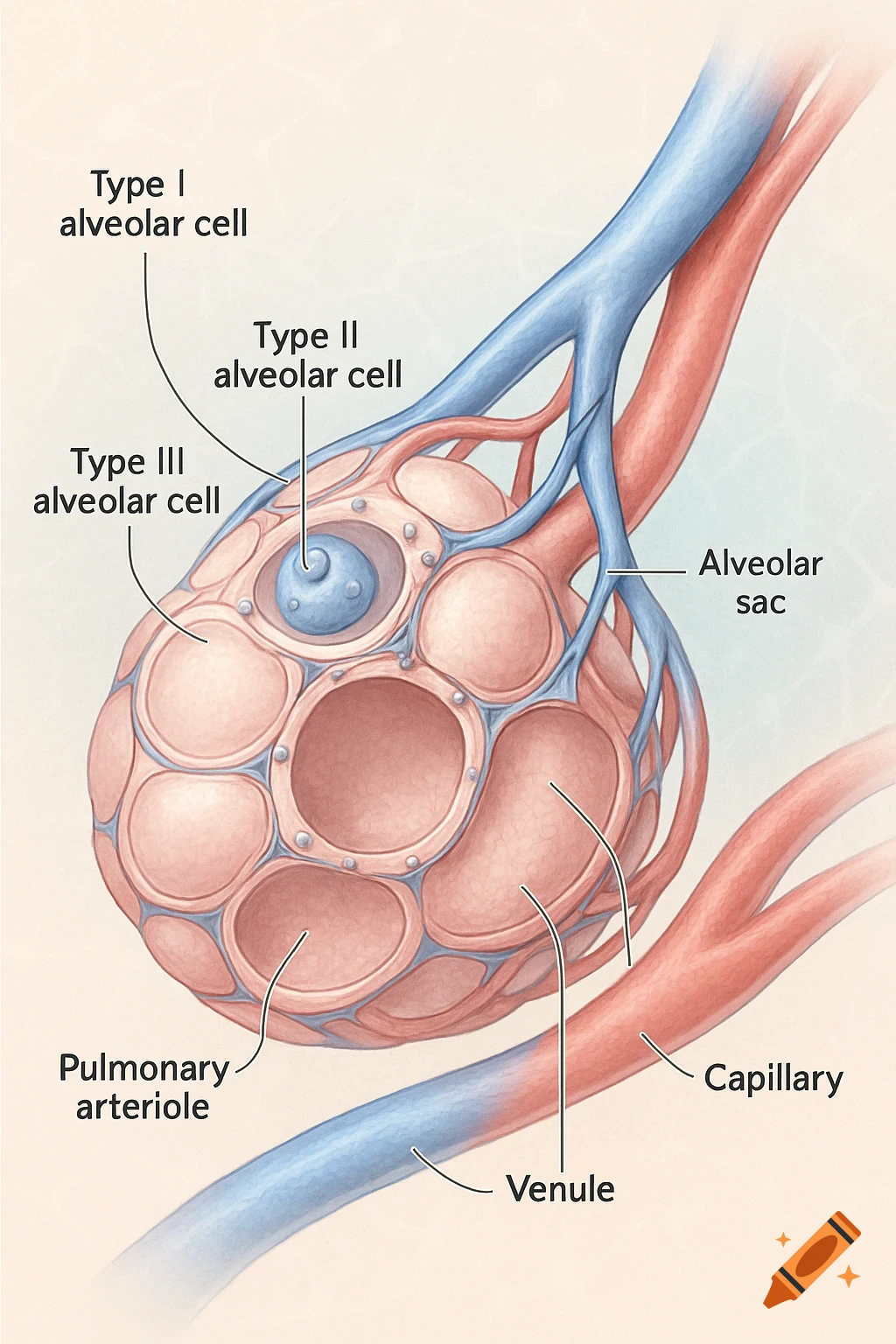 Detailed medical illustration of an alveolar sac with different cell types, capillary bed, pulmonary arteriole, and venule.