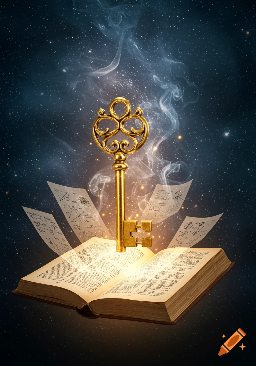An ornate golden key floats above an open, glowing book with pages flying off, against a dark, starry, smoky background.