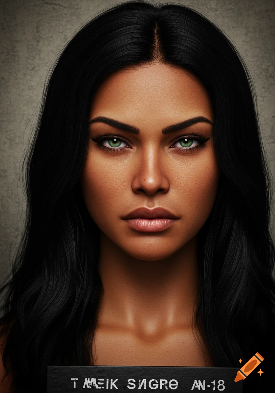 A close-up portrait of a woman with long black hair and striking green eyes, presented in a mugshot style.