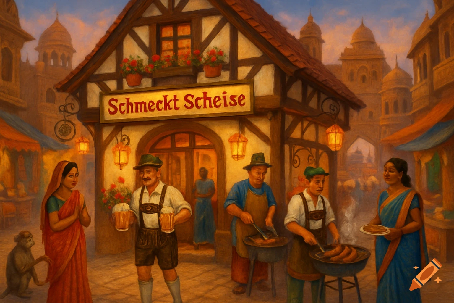 A street scene depicting a German-style building with a sign that reads "Schmeckt Scheiße" in a setting that includes Indian architecture and people in both German and Indian attire. Men in lederhosen grill sausages while women in saris observe.